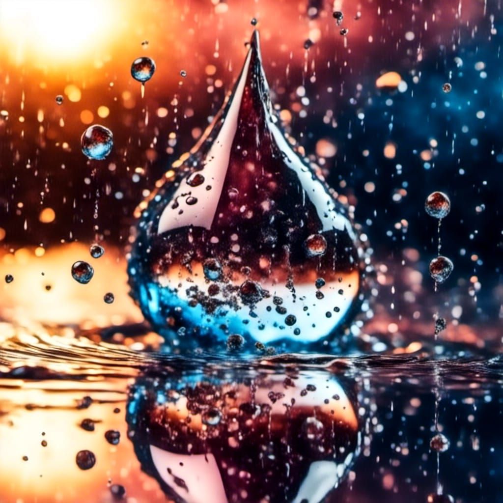 Raindrop Refracts Sunset Galaxy in Macro Photograph
