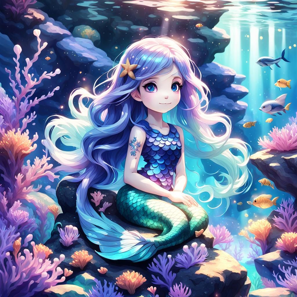 Anime Mermaid in Serene Underwater Scene