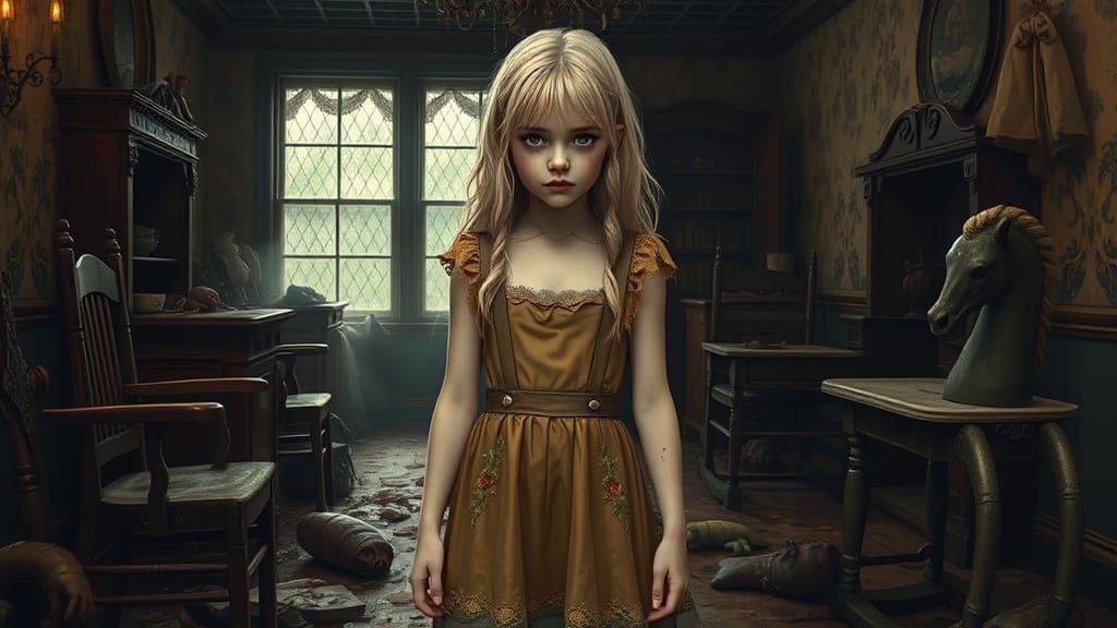 Gothic Goldilocks in Decayed Victorian Nursery as Manga Horr...