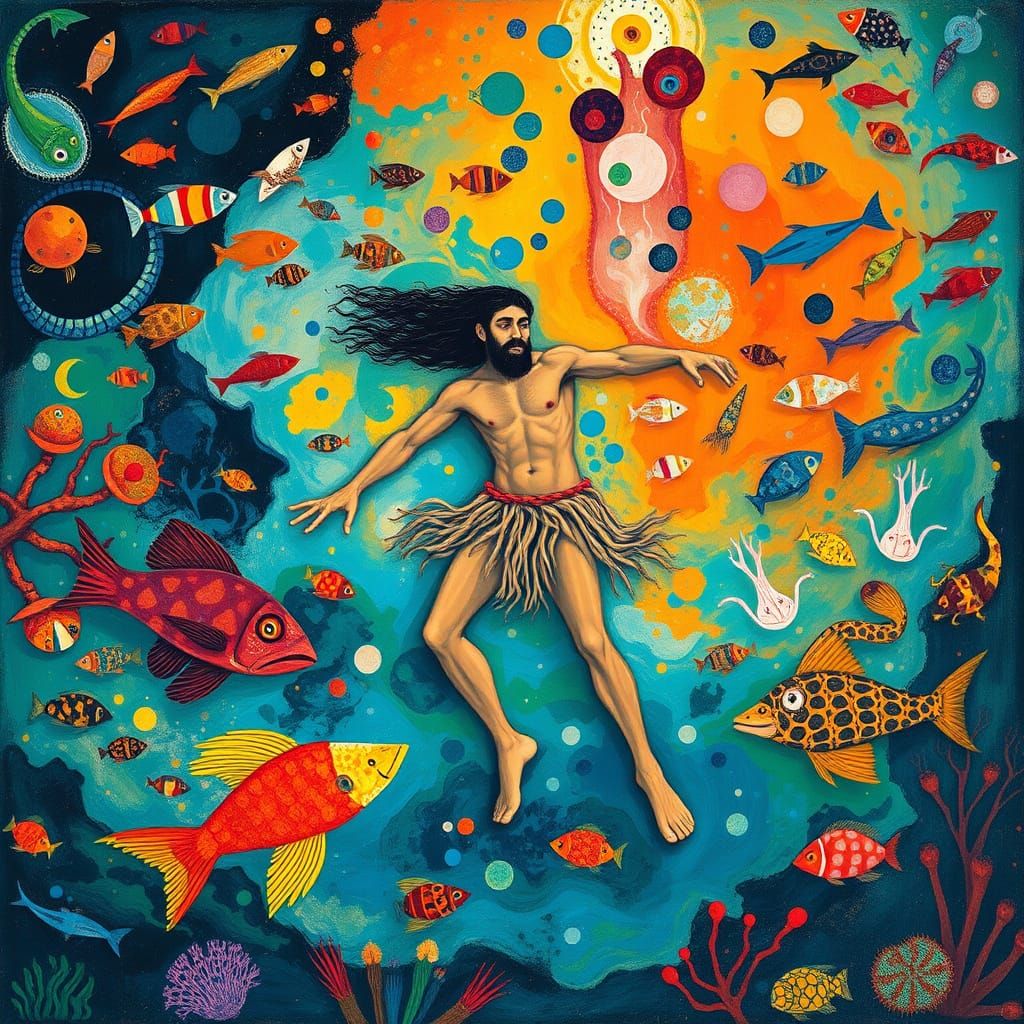 Ancient Diver in Vibrant Underwater Scene