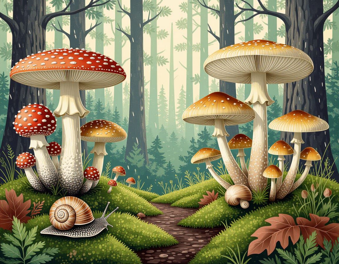 Mushroom Forest Composition in Engraving Style