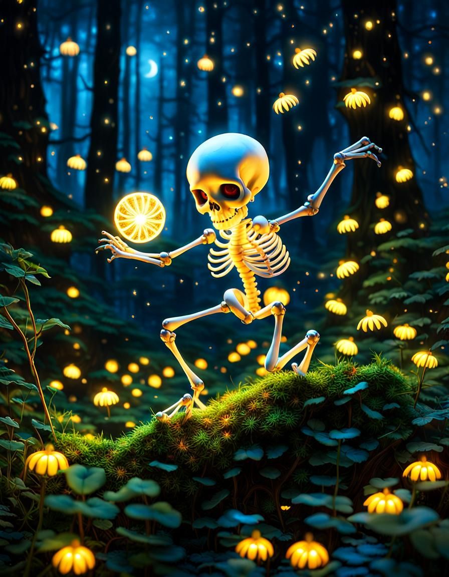Dancing Skeletons in Enchanted Forest at Night