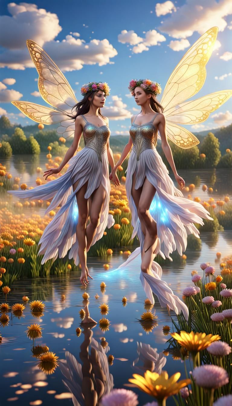 Fairies Flying Over Multicolored Flower Field