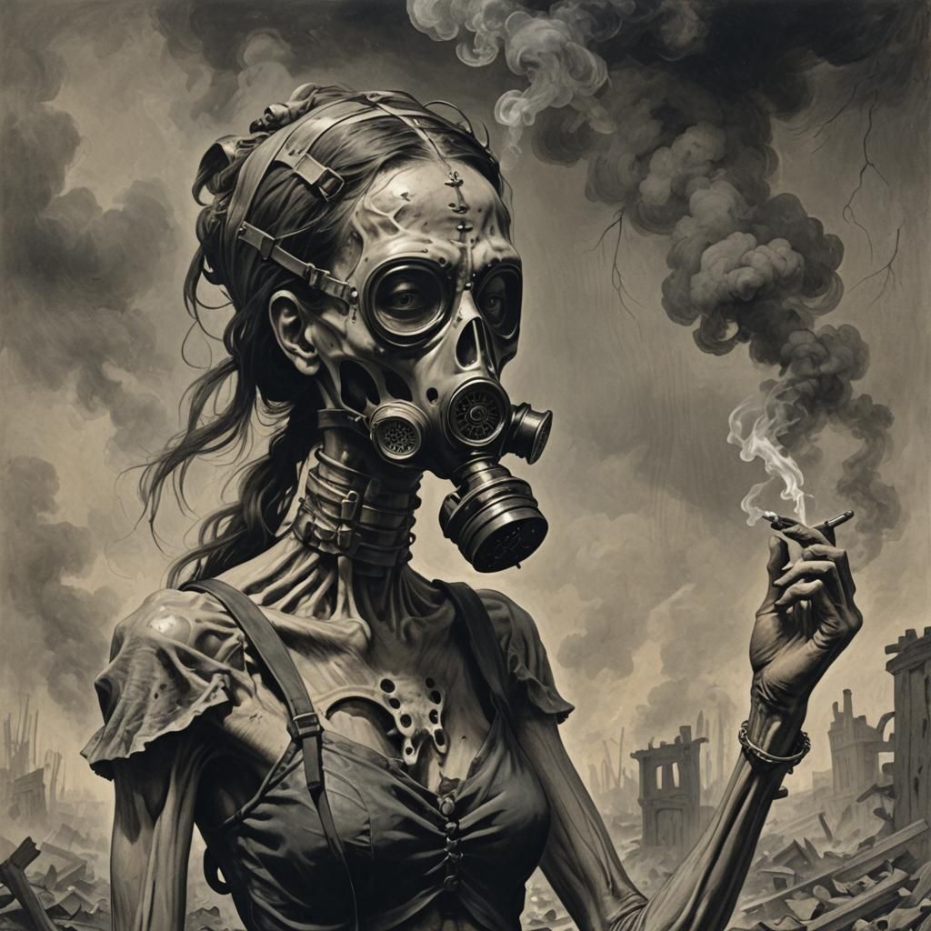 Horrific Woman with Gas Mask Smoking