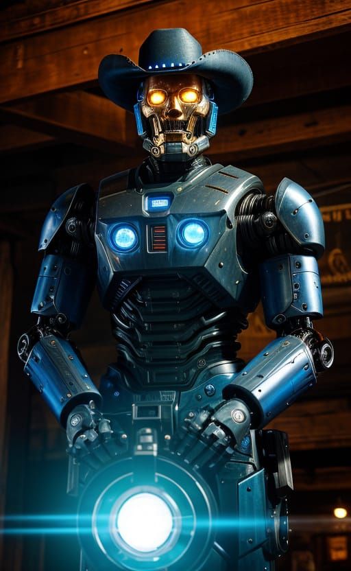 Robotic Cowboy in Wild West Saloon: Cinematic Still