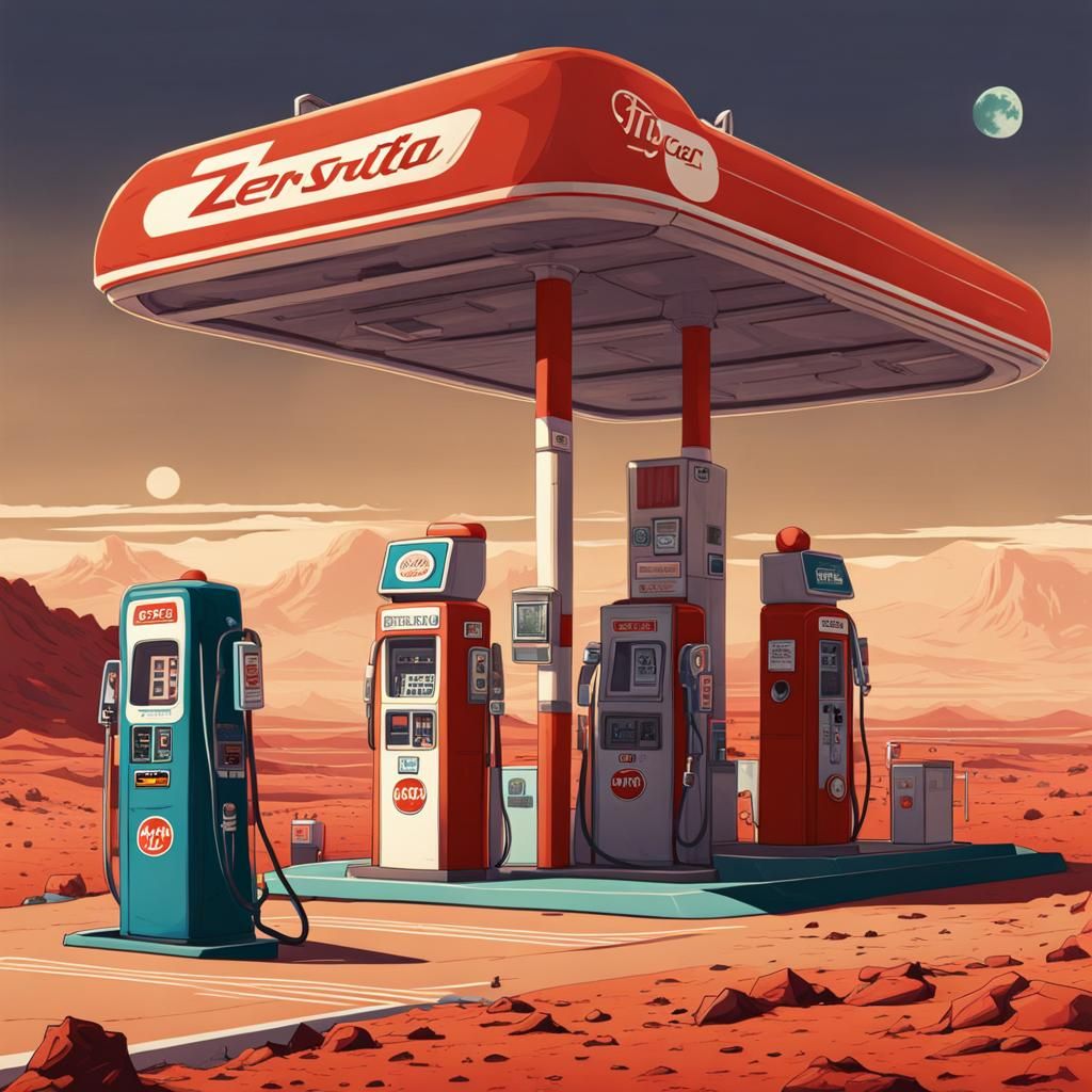 Retro Gas Station on Mars in Anime Style