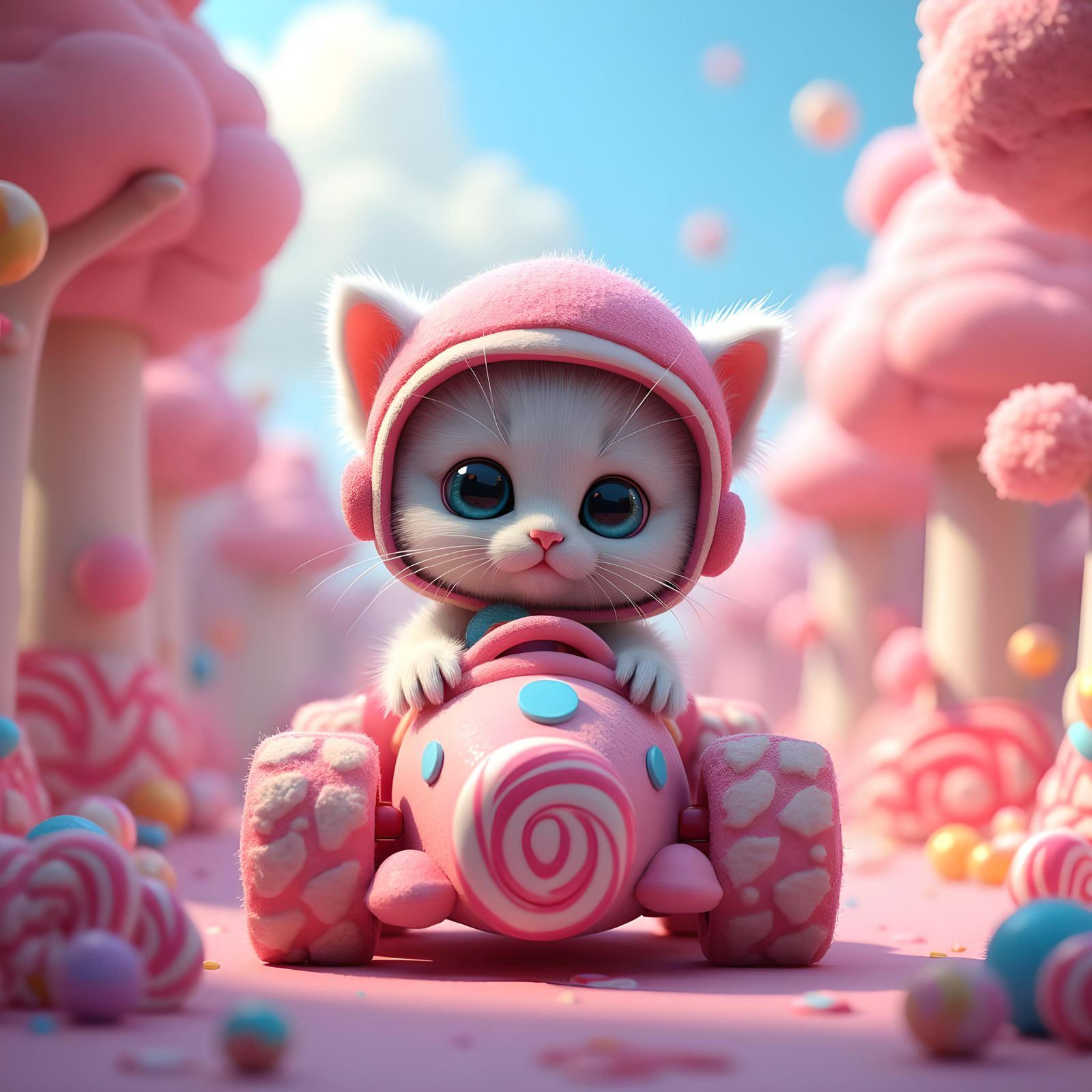 kitten  sitting in a race cart