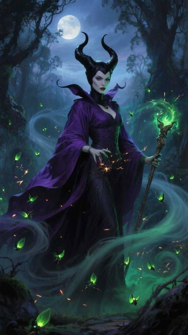 Maleficent in Enchanted Forest with Green Fireflies