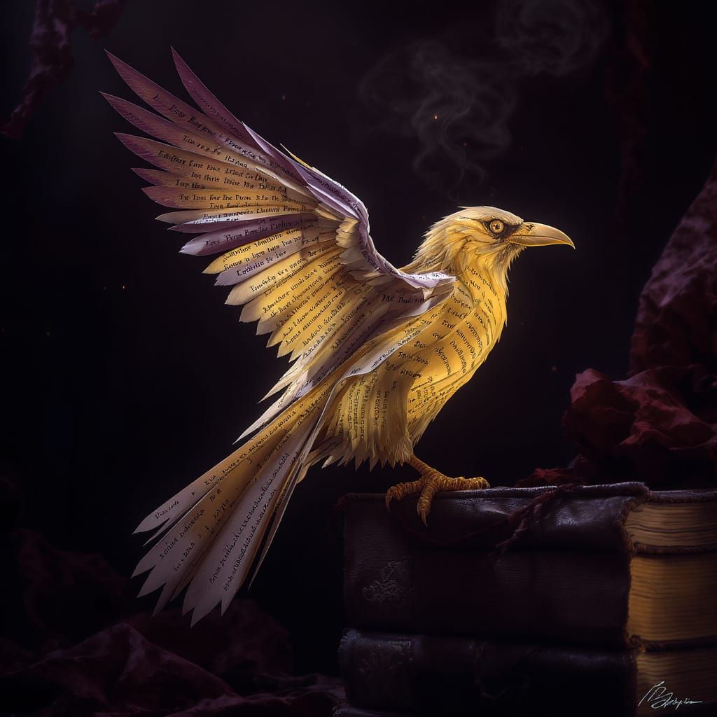 Paper Raven Perched on Bookcase in Dark Fantasy Style