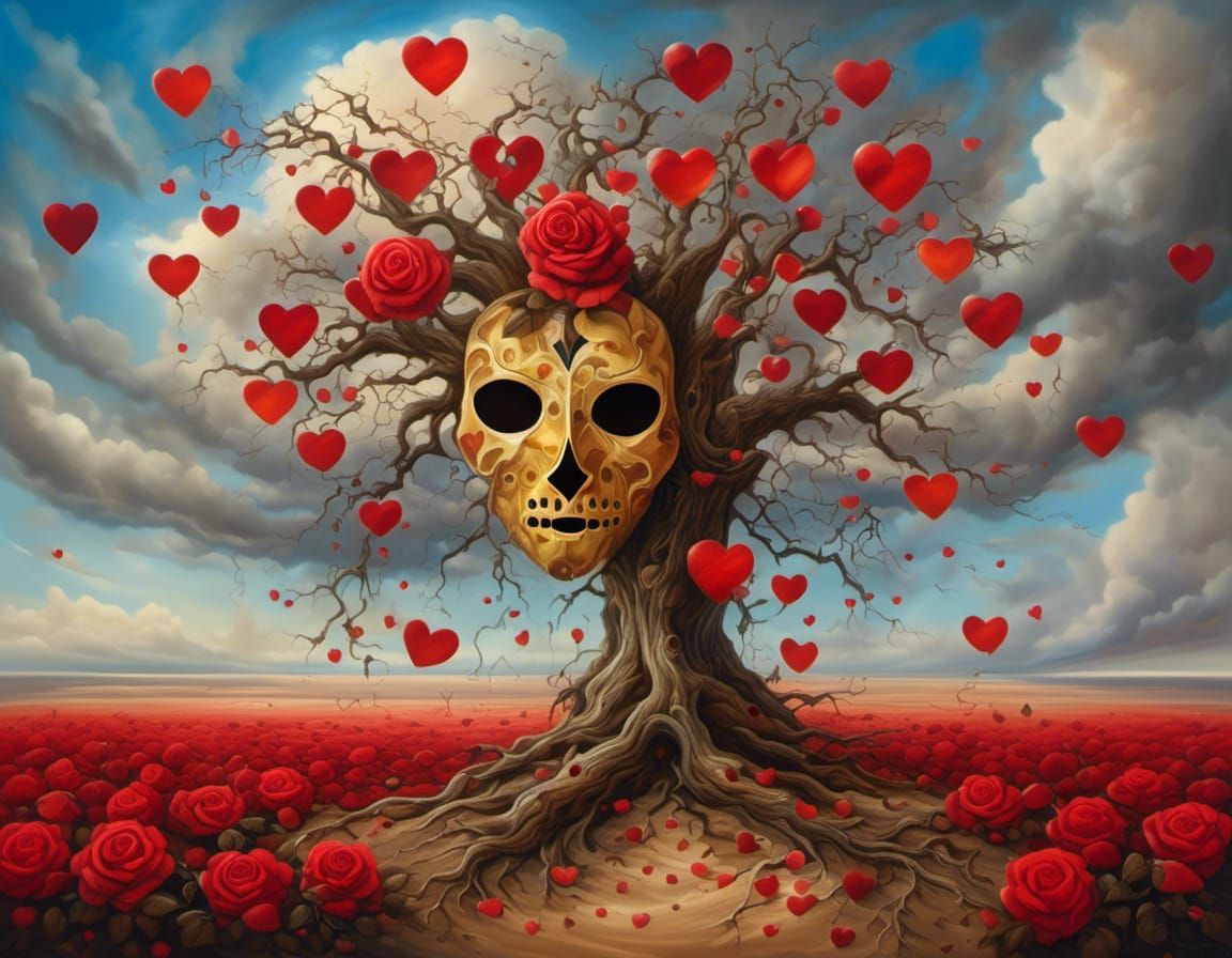 Surreal Mask and Tree Oil Painting