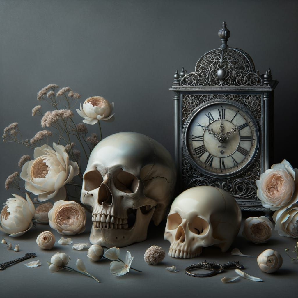 Ethereal Macabre: Filigree Clock and Ivory Skull Amidst Soft...