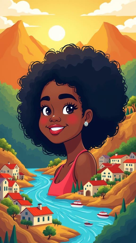 Vibrant Cartoon Portrait with Colorful Landscape Hair