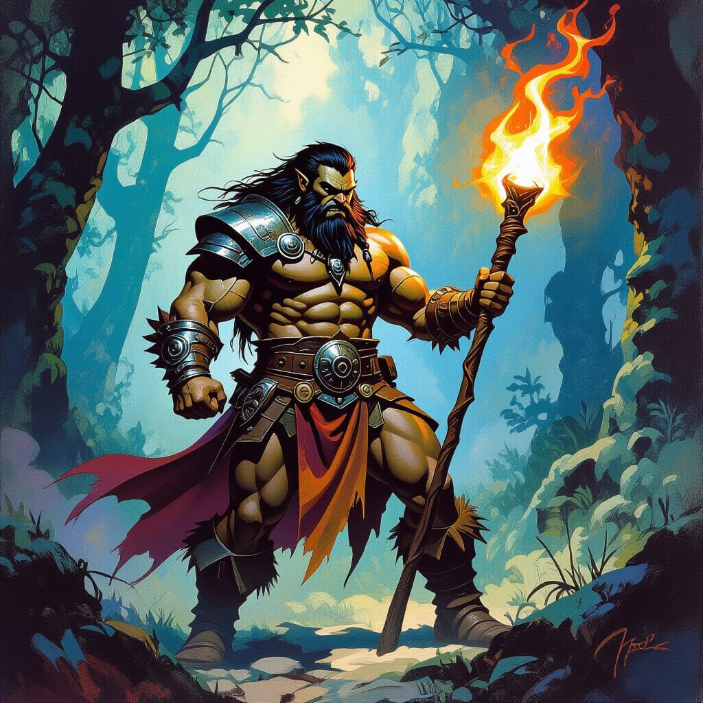 Barbarian Mage in Mystical Forest, Fantasy Art