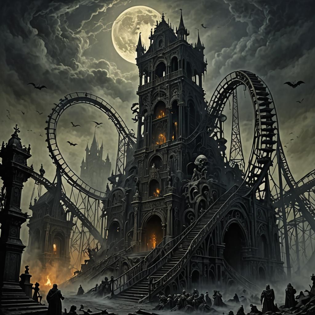 Eerie Roller Coaster with Mummies in Gustave Doré Style