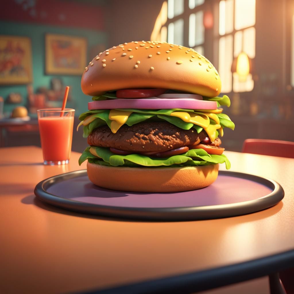 Delicious Burger on Table: 3D Pixar-Style Art