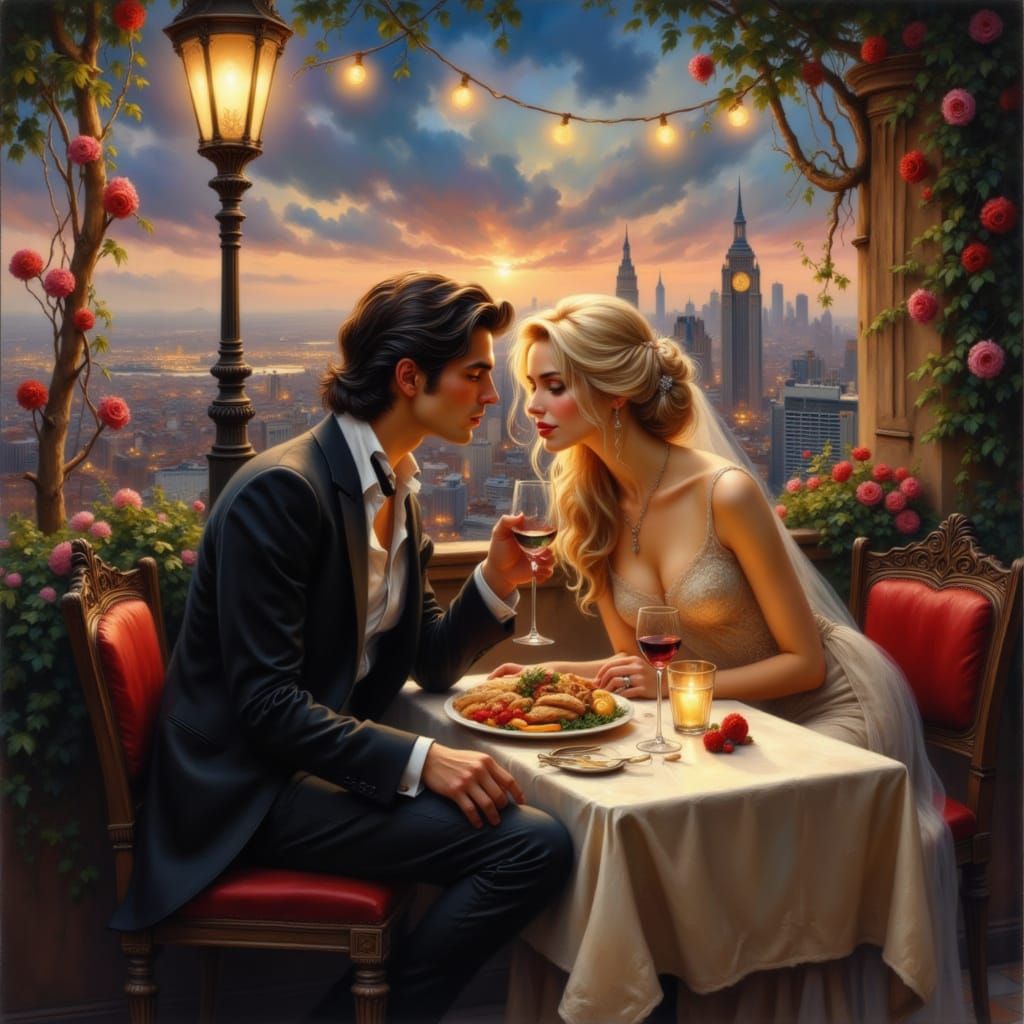 Elegant Couple's Rooftop Dinner in City Lights
