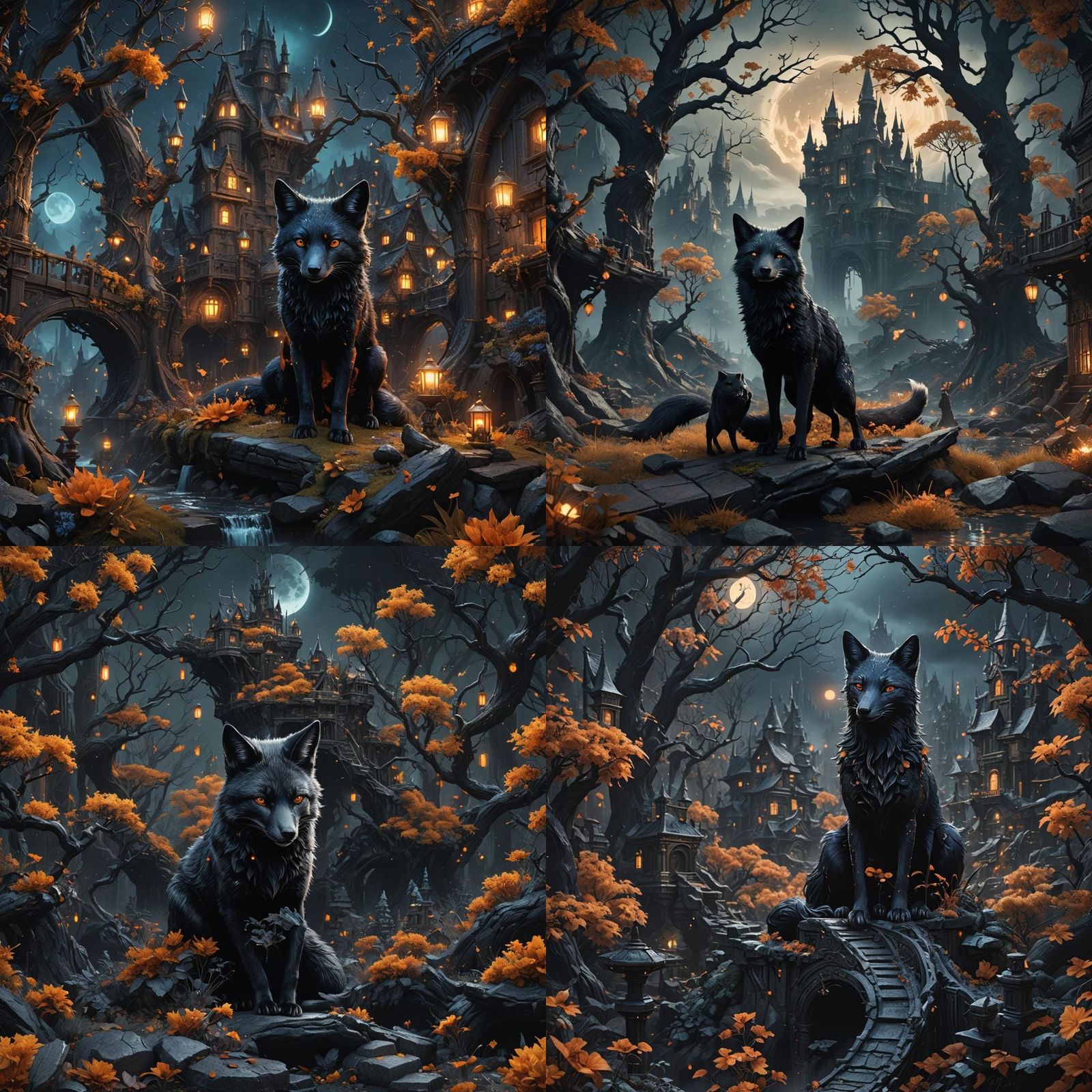 Detailed Black Fox Matte Painting at Midnight