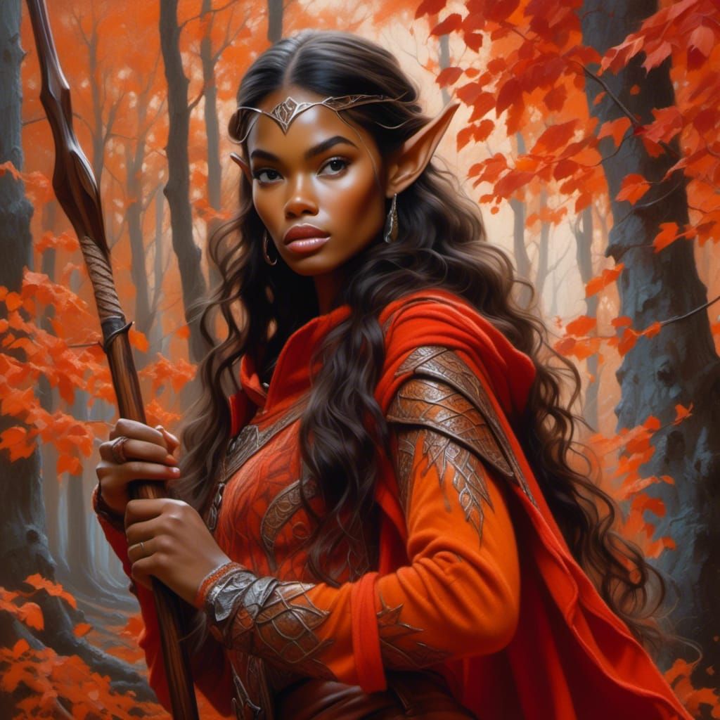Elven Huntress Portrait in Autumn Woods, Whelan Style