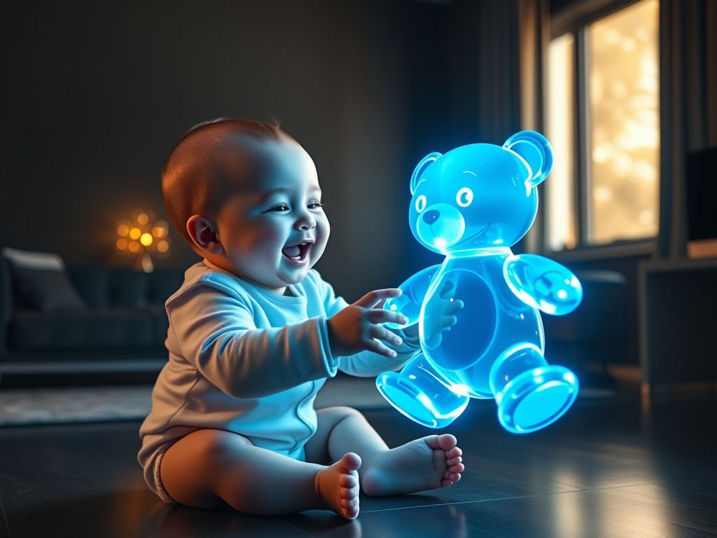 Baby with Holographic Teddy Bear in Futuristic Nursery