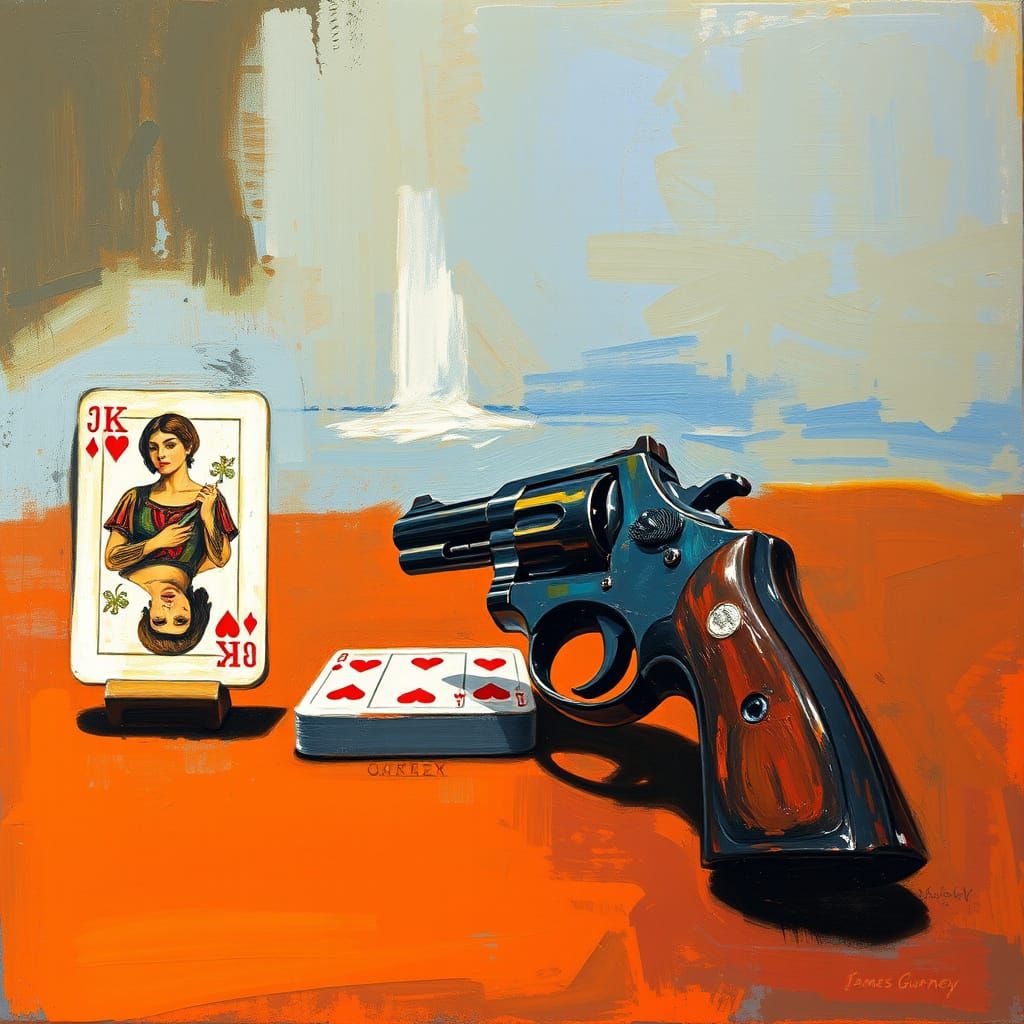 Pistol and Cards: Abstract Expressionist Oil Painting