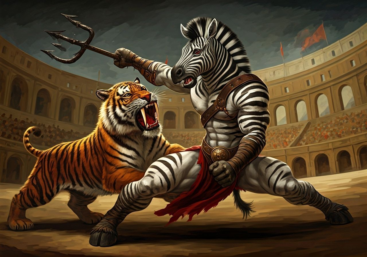 Zebra Gladiator in Colosseum, Oil Painting Style