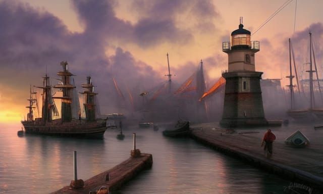 Golden Hour at Port Town with Docked Ships