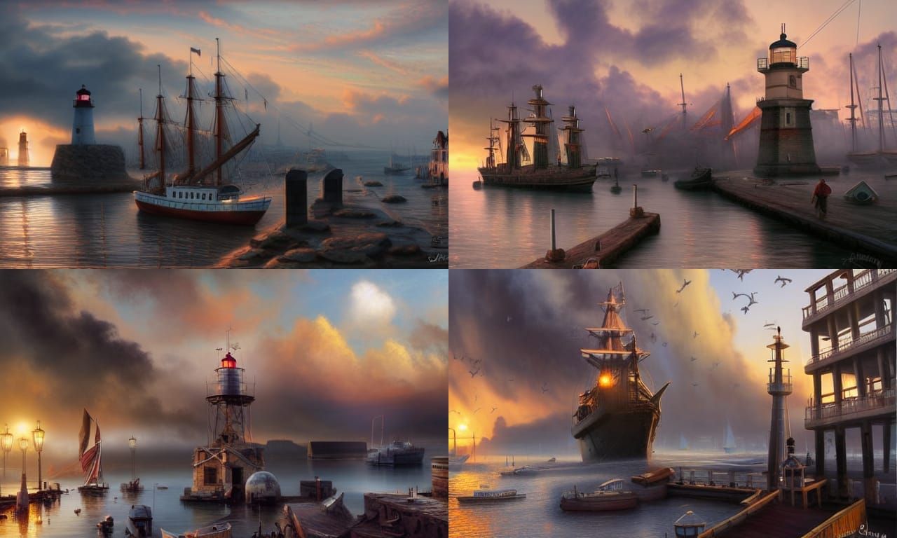 Golden Hour Port Town with Docked Ships