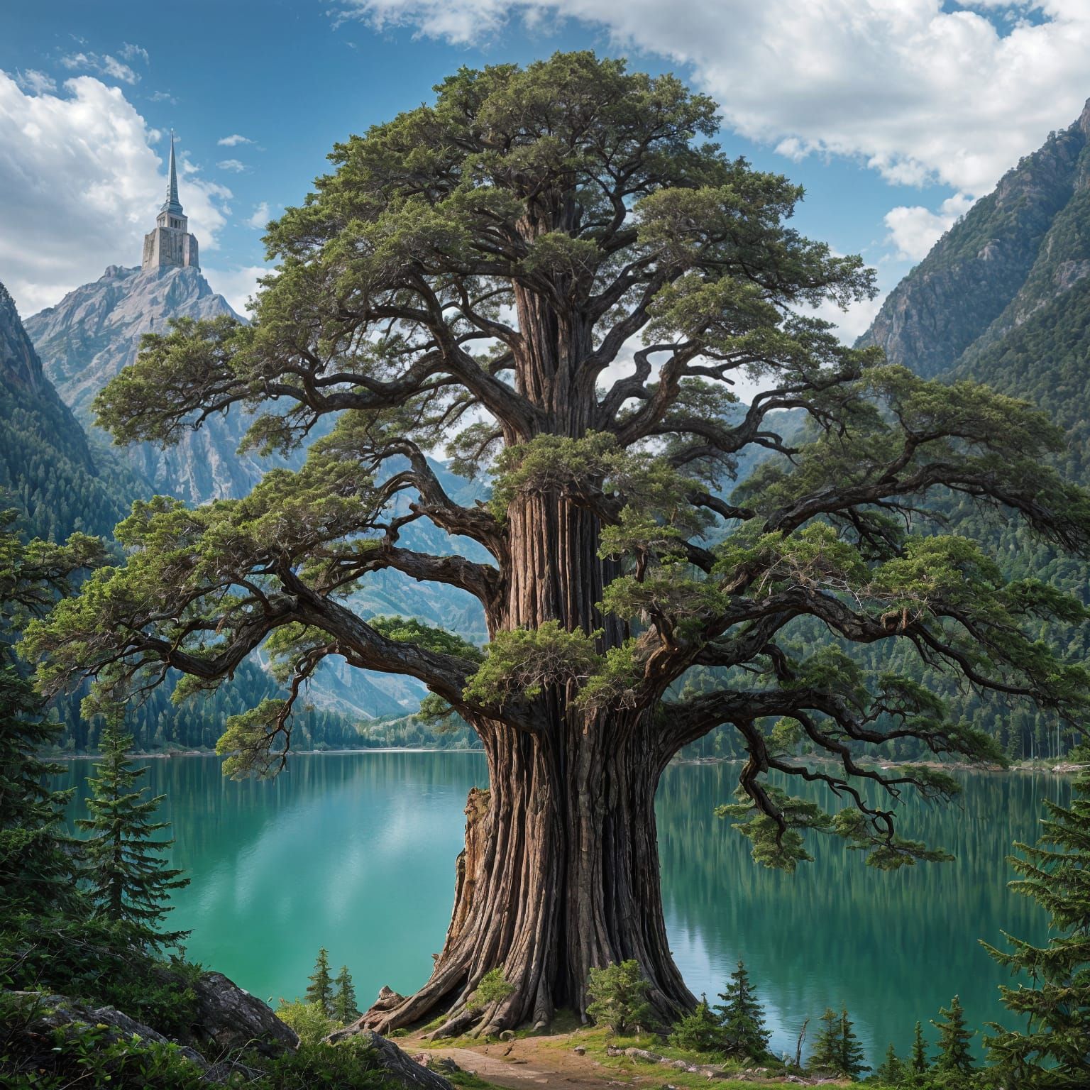 Redwood Tree Landscape with Mountain Spire