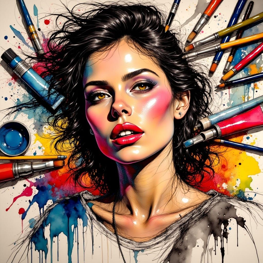 Pop Art Woman Portrait: Dynamic Sketch with Scattered Art Su...