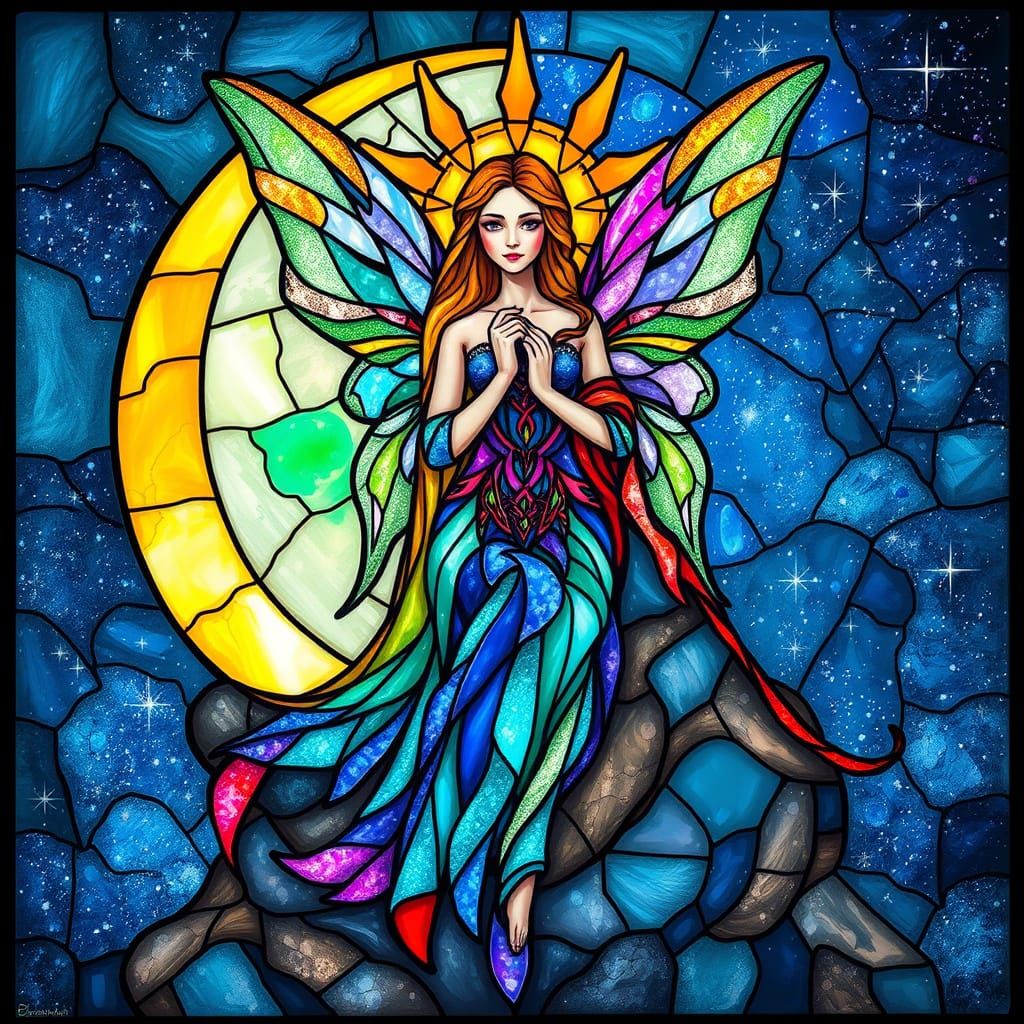 Stained Glass Fairy on Moon and Sun