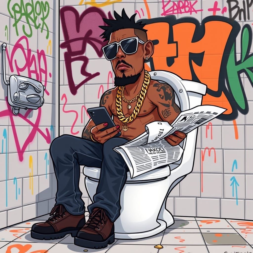 Rapper on Toilet Throne in Cartoon Style