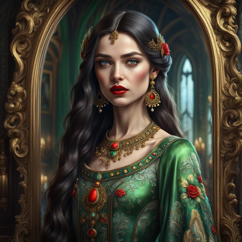 Beautiful Woman Emerging from a Mirror in Detailed Painting