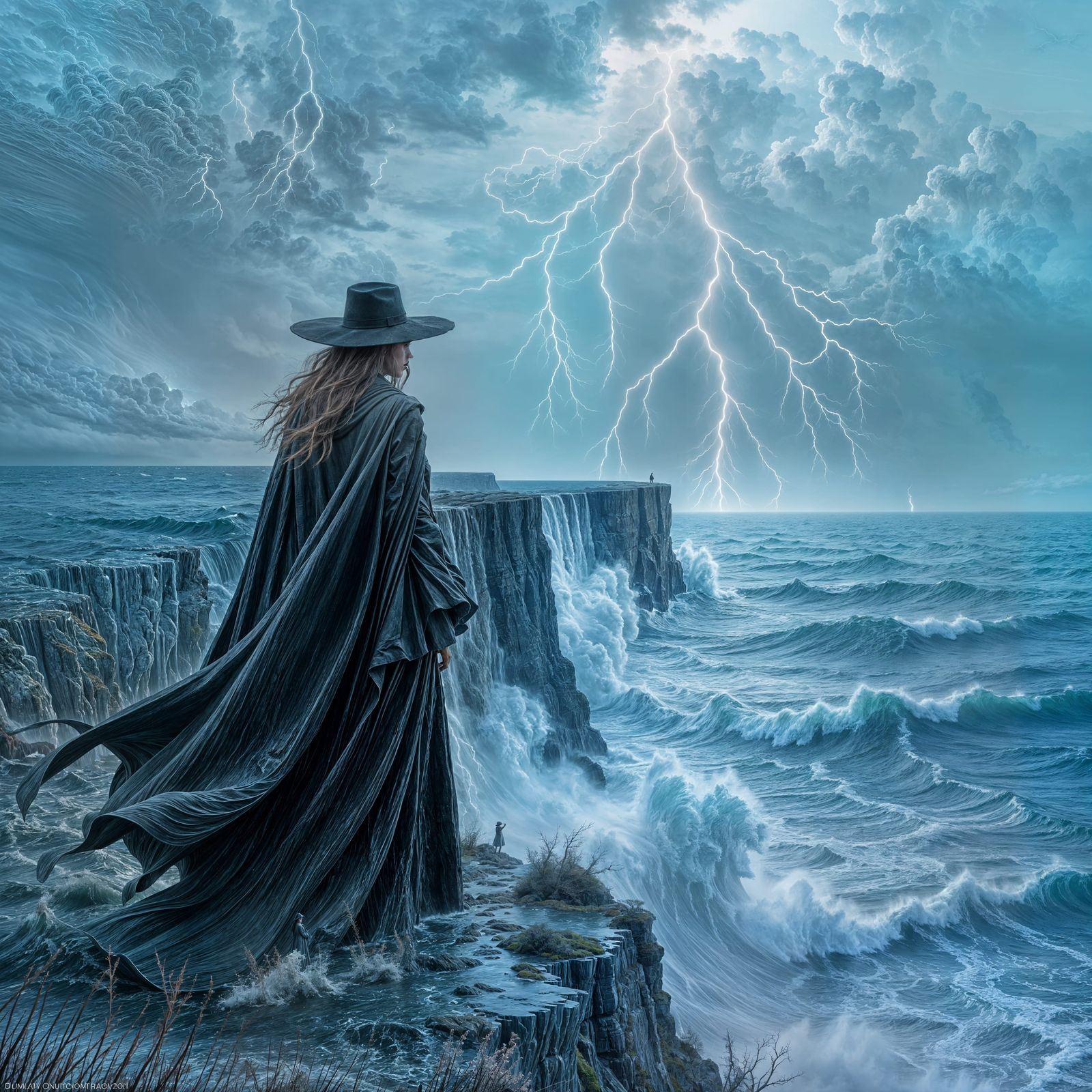 Windswept Figure Overlooking Turbulent Sea