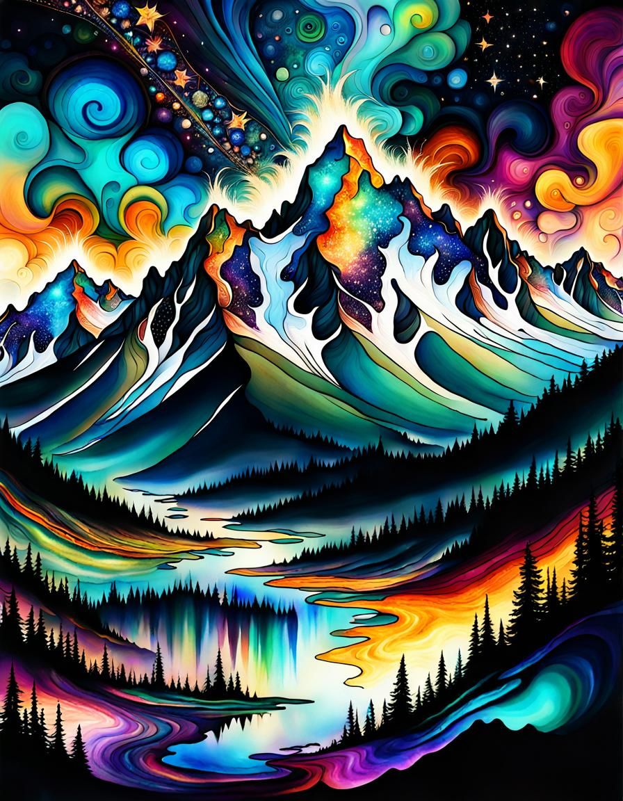 Moose Among Fractal Peaks in Alcohol Ink Style