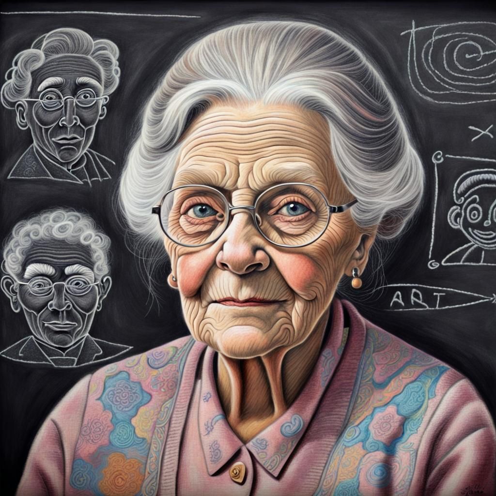 Chalk Art Portrait: Old Lady on Blackboard