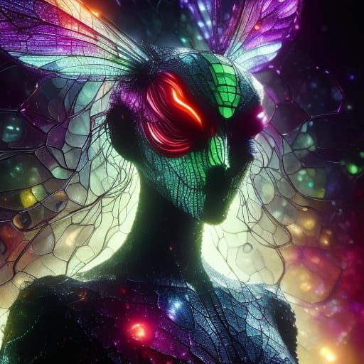 Alien Insectoid Head in Vibrant, Bioluminescent Macro