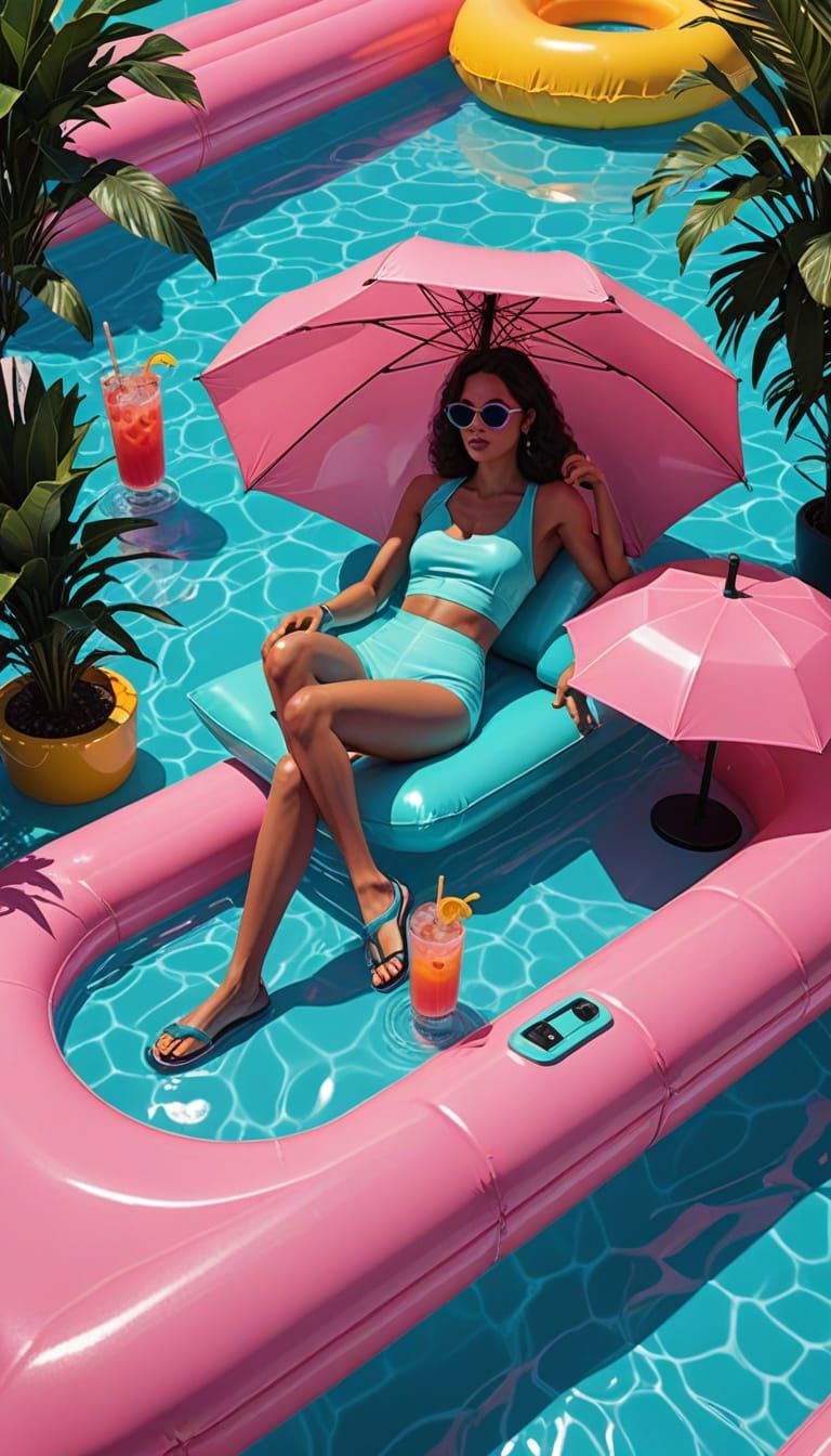 Woman Basks in Neon Summer Fun on Vibrant Pool Float