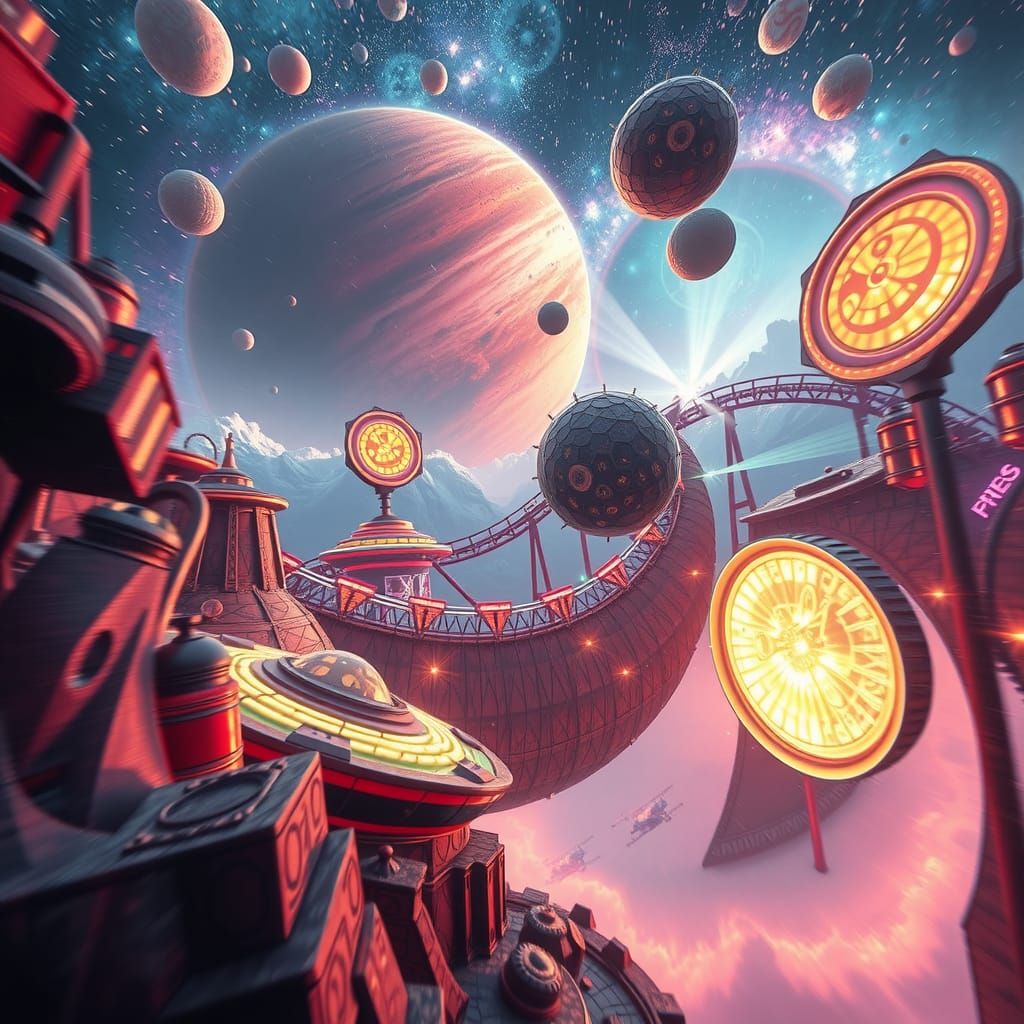 Thrilling Interstellar Theme Park with Glowing Planets
