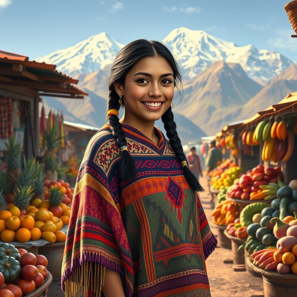 Young Andean Woman in Vibrant Poncho, Surrounded by Mutated ...