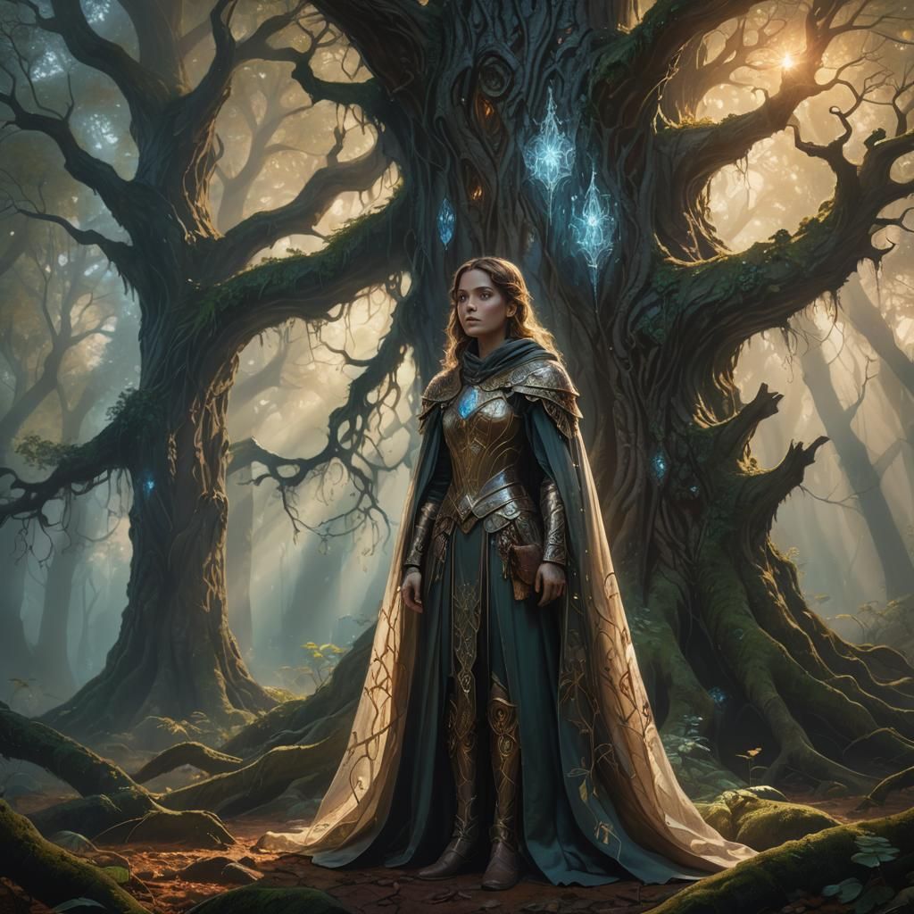 Woman in Armor by Glowing Crystal: Fantasy Art