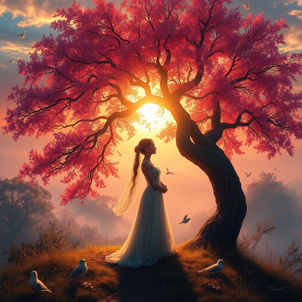 Romantic Whimsy in a Fantastical Sunset Landscape