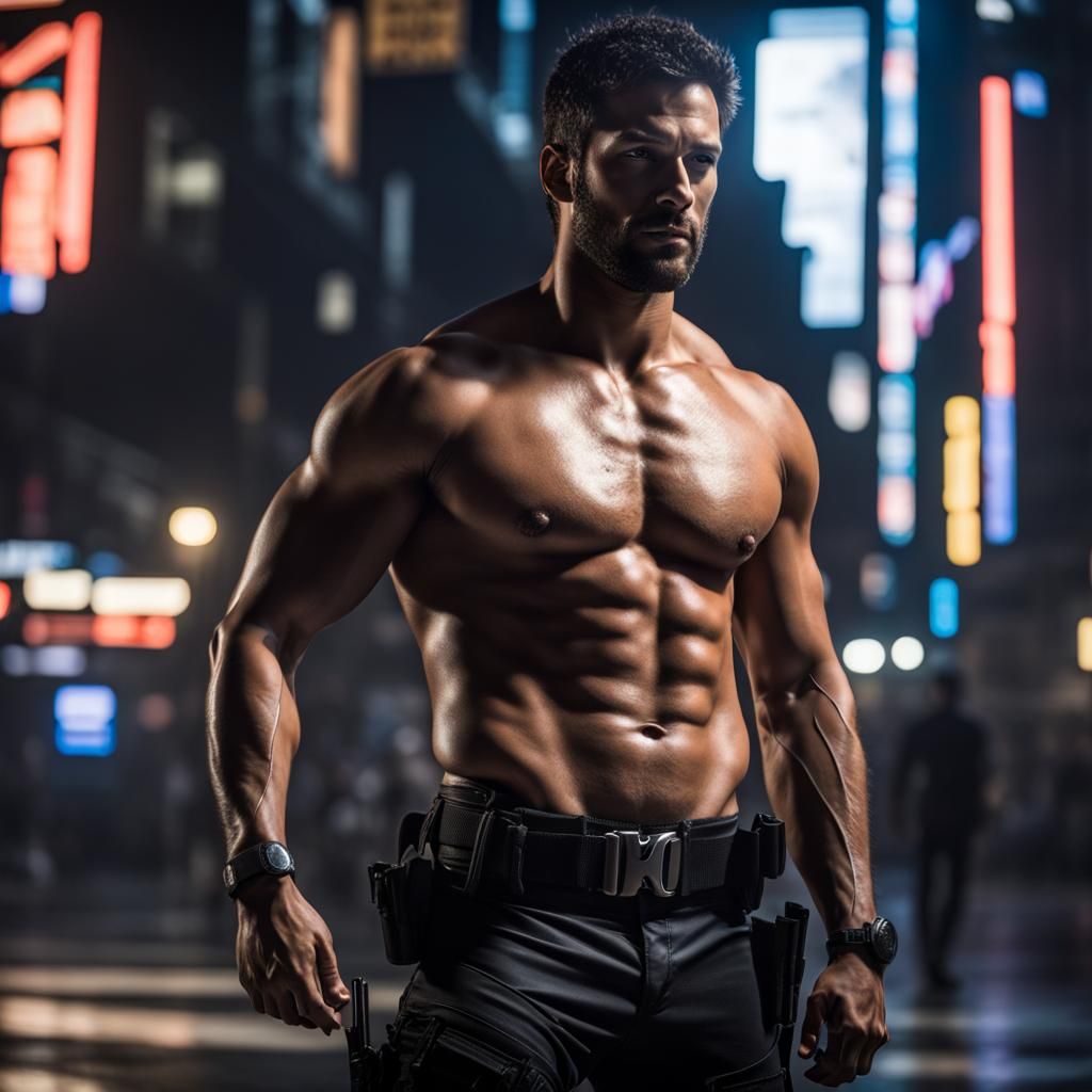 Bare-Chested Man in Subterranean Cityscape