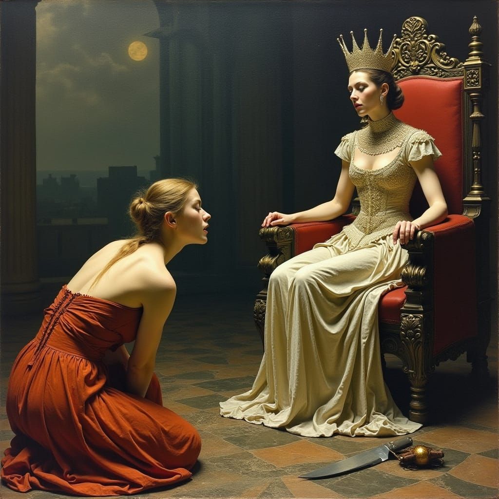 Surreal Horror: Woman Faces Imperious Queen in Castle