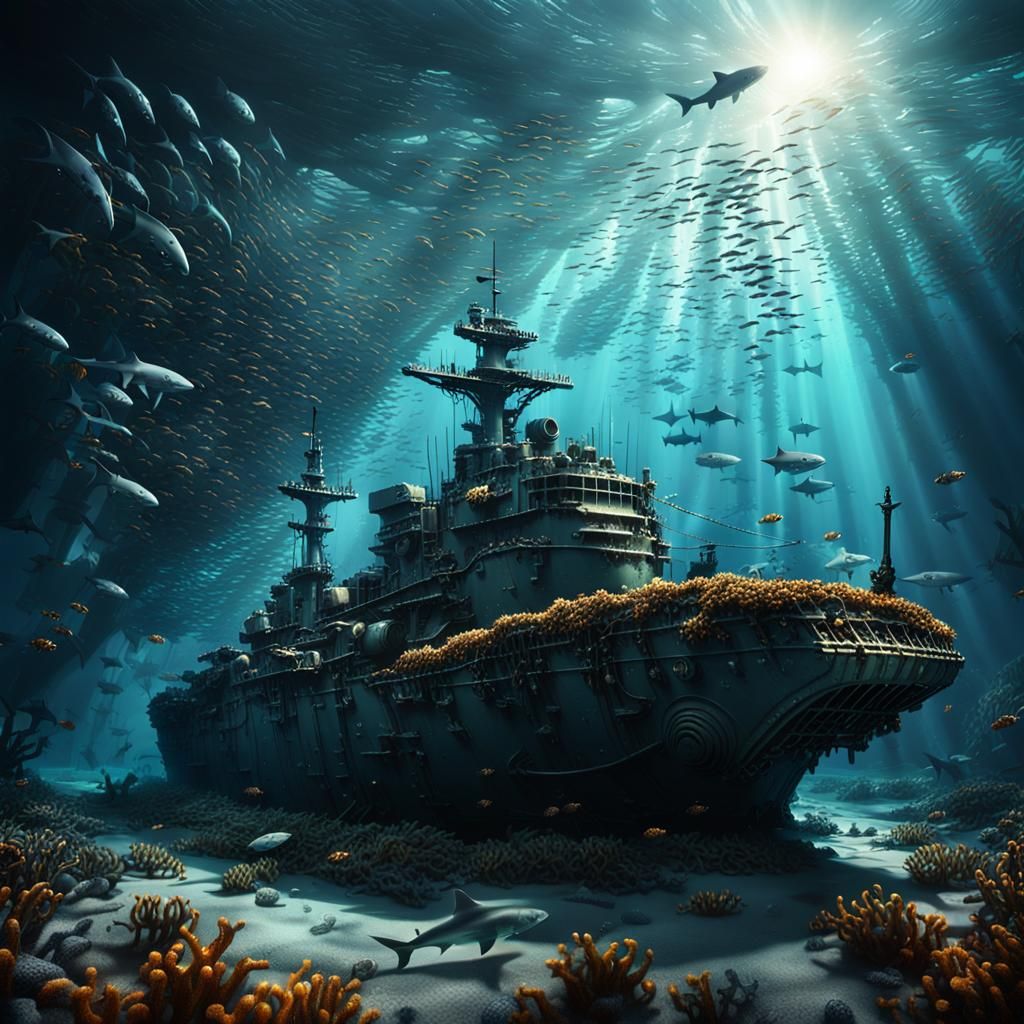 Surreal Submerged Battleship Basks in Oceanic Radiance