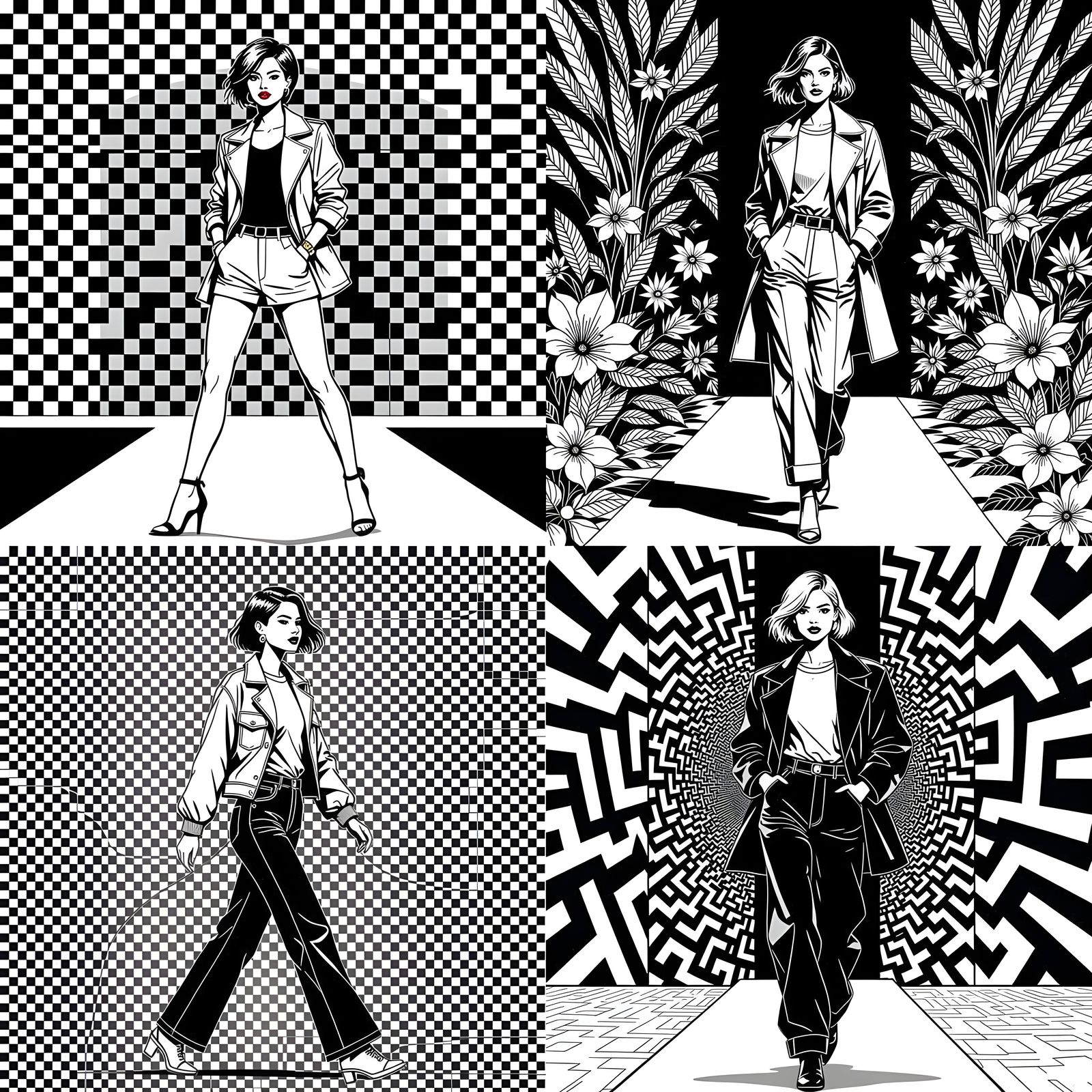 90s Fashion Model in Line Art Style