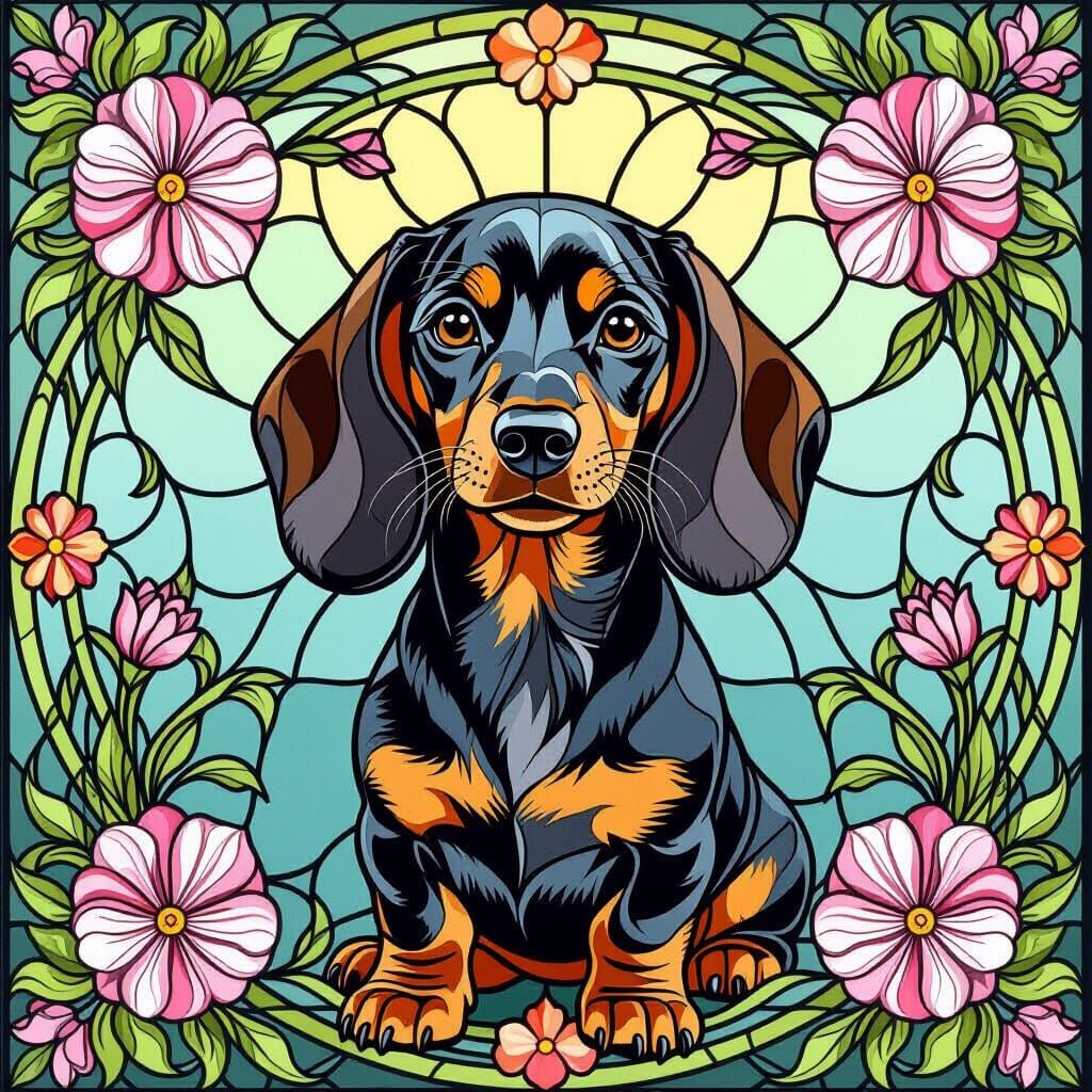 Beautiful Dachshund Stained Glass Design with Floral Accents