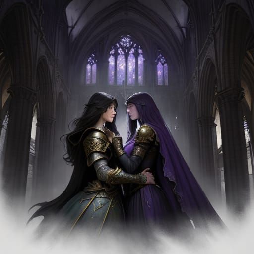 Ethereal Embrace in a Ruined Cathedral