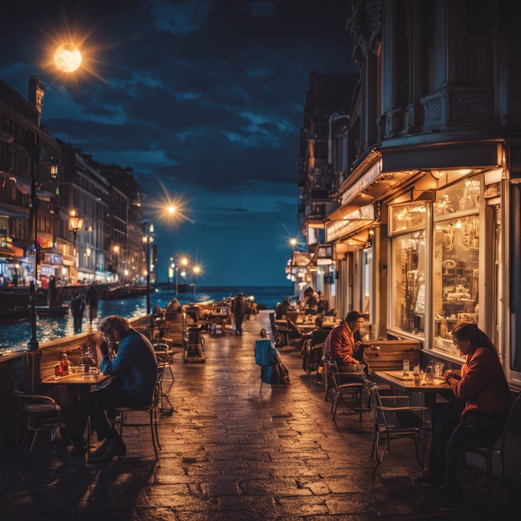 Lively Seaside Boulevard at Night: Cinematic Summer Scene