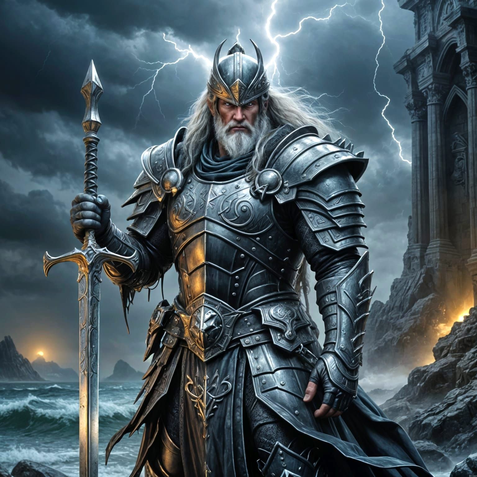 Ancient God Commands Storm Over Sea in Gothic-Futuristic Sty...