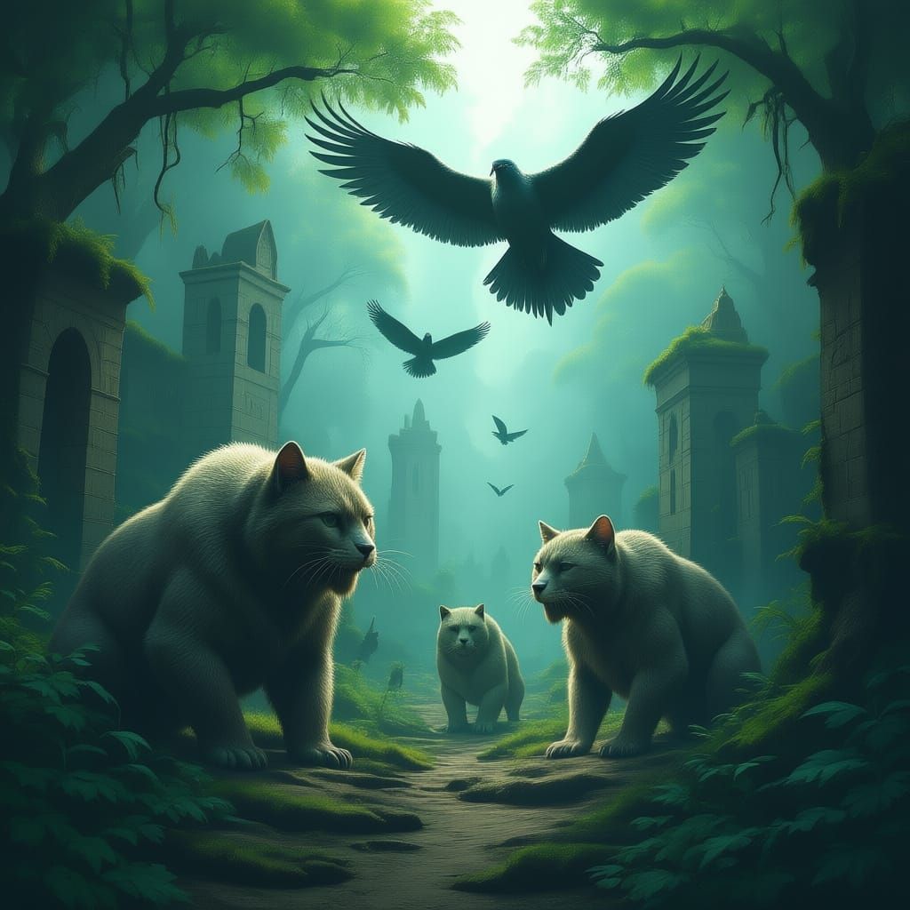 Giant Cat-Bear Hybrids Roam Overgrown City Ruins